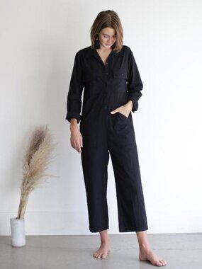 LACAUSA Wide Leg Jumpsuit Lightweight Cropped Black Sz S
